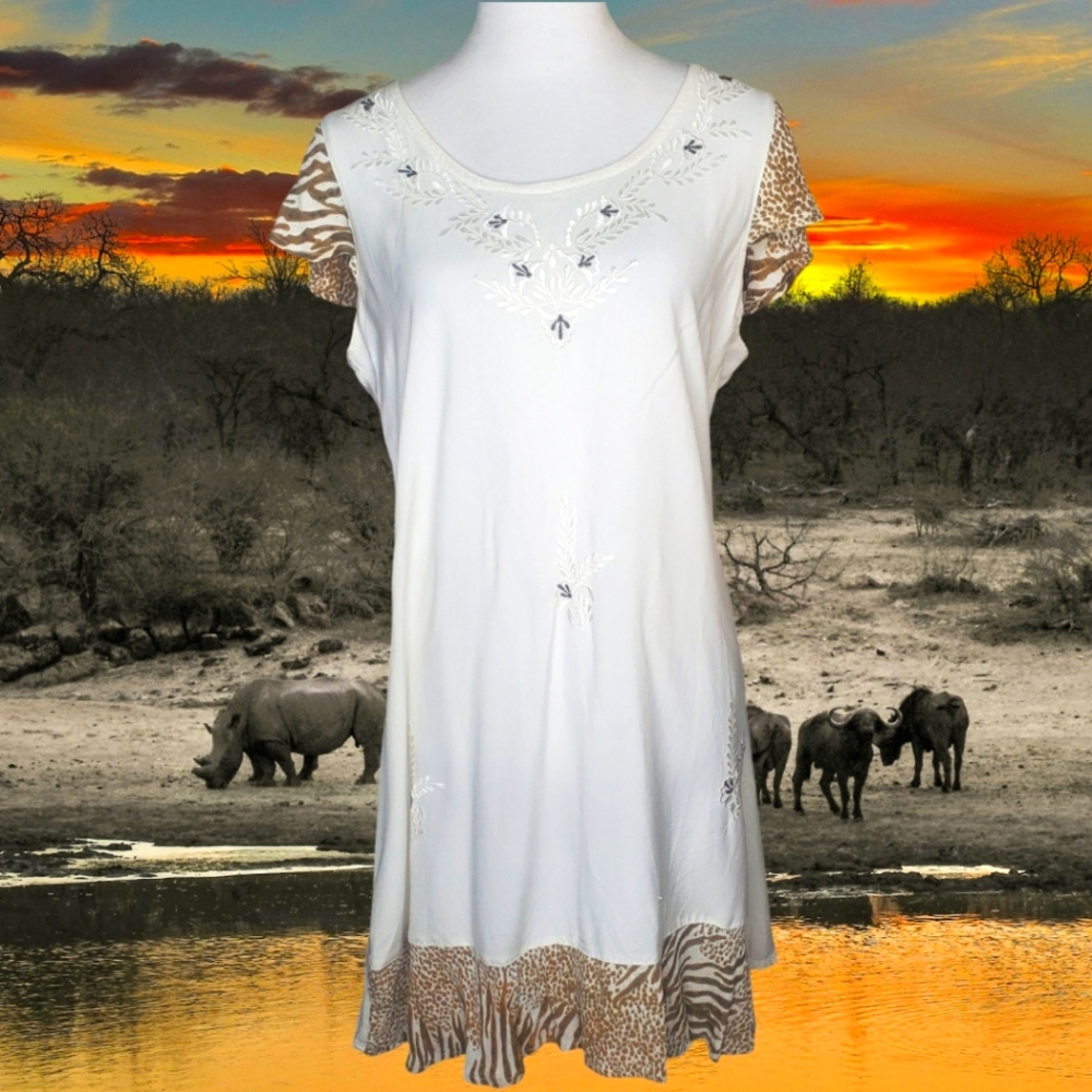 Raya Sun Super Soft Cotton/Rayon Blend Embroidered Animal Print Dress